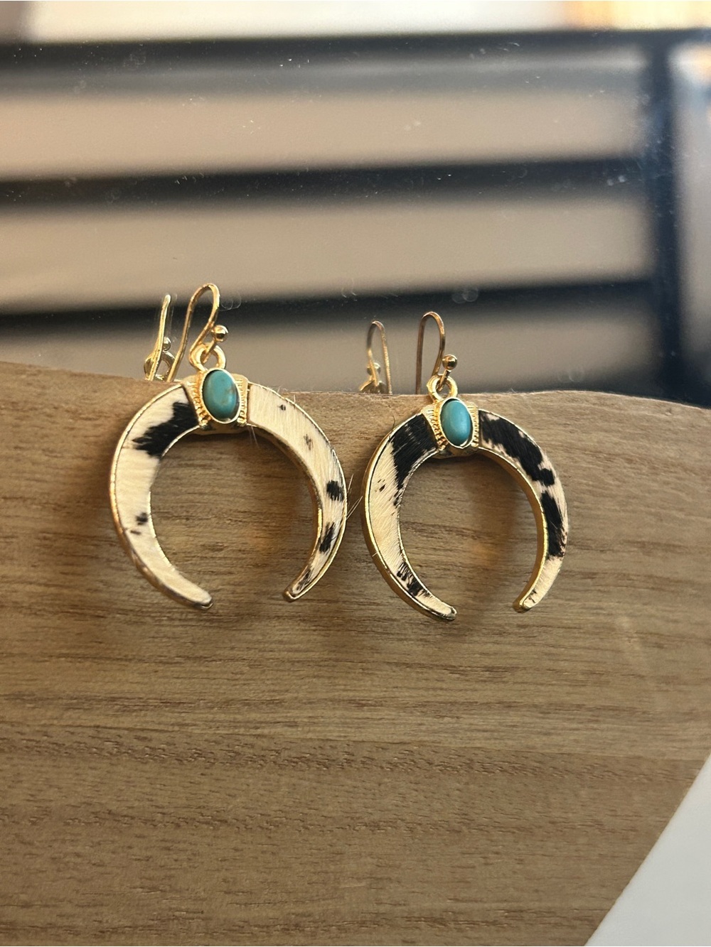 Turquoise & Cow Print Golden Crescent Earrings - Picture 2 of 4
